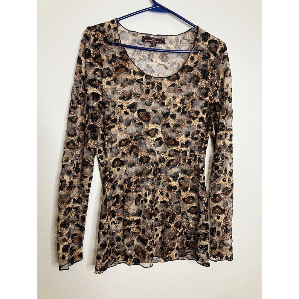 Almost Famous Mesh Top Women Size M Brown Leopard Print Good Long Sleeve Y2K